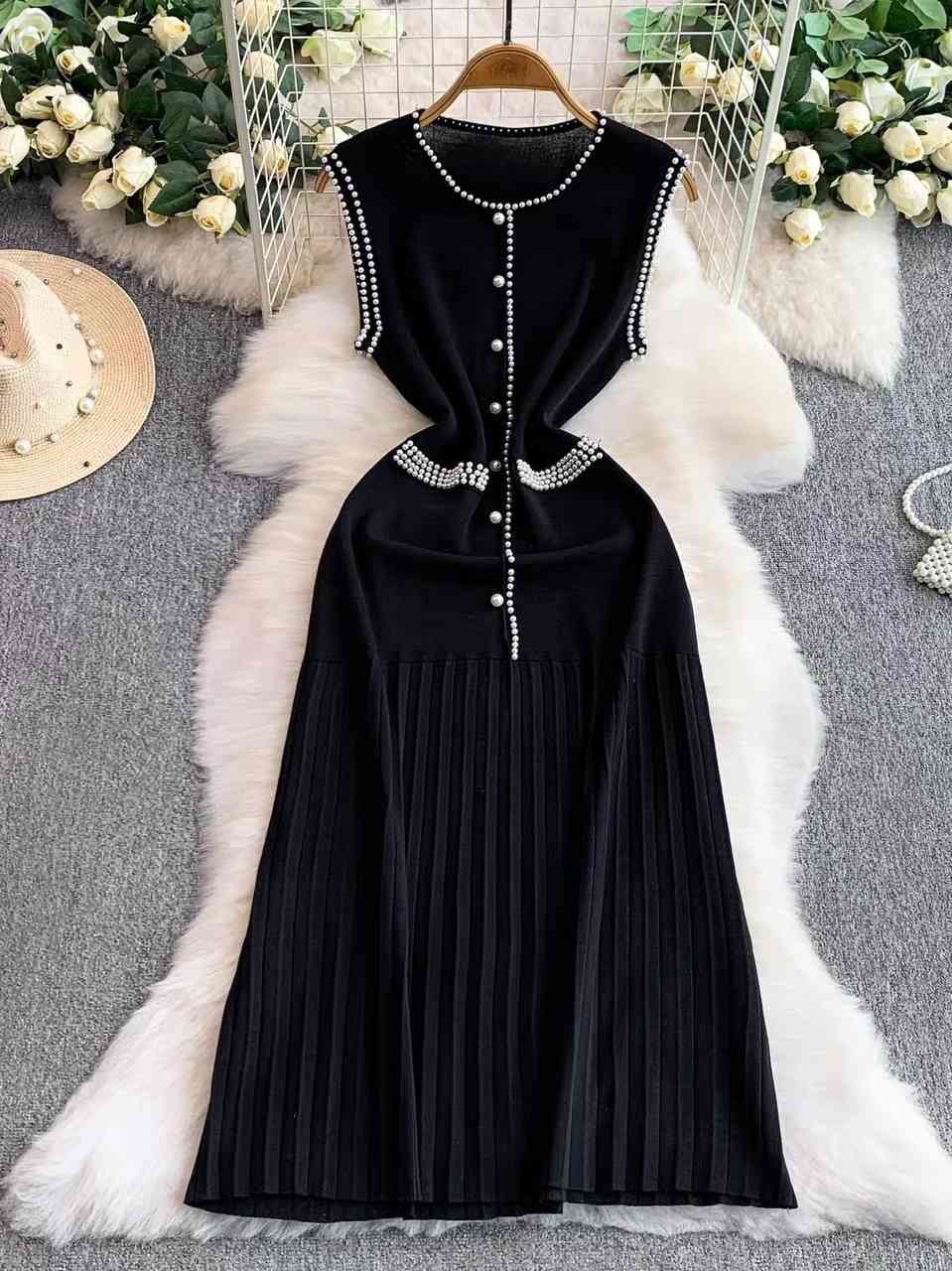 Sandro-inspired faux pearl-embellished pleated knit midi dress