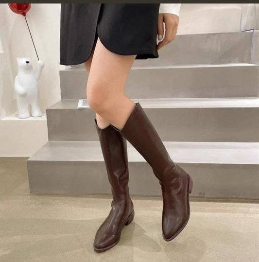 Brown faux leather knee-high boots