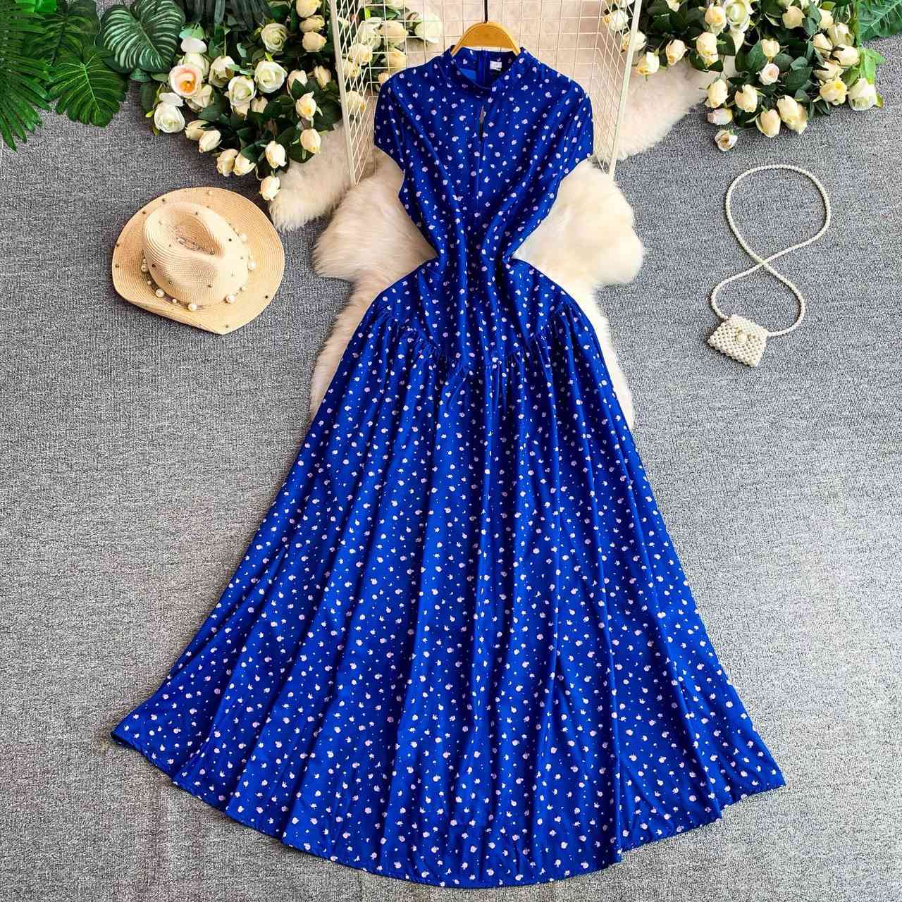 Royal blue polka dot maxi dress