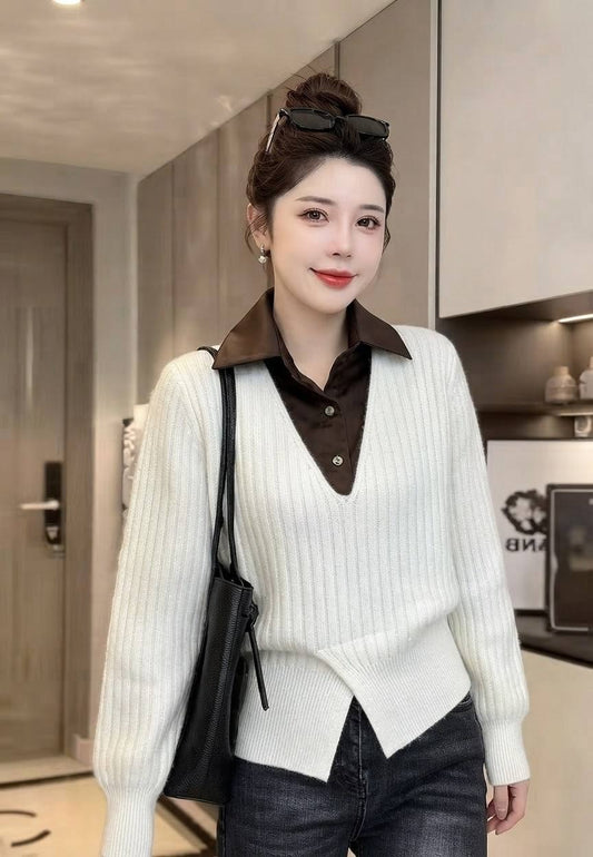 White ribbed knit V neck sweater