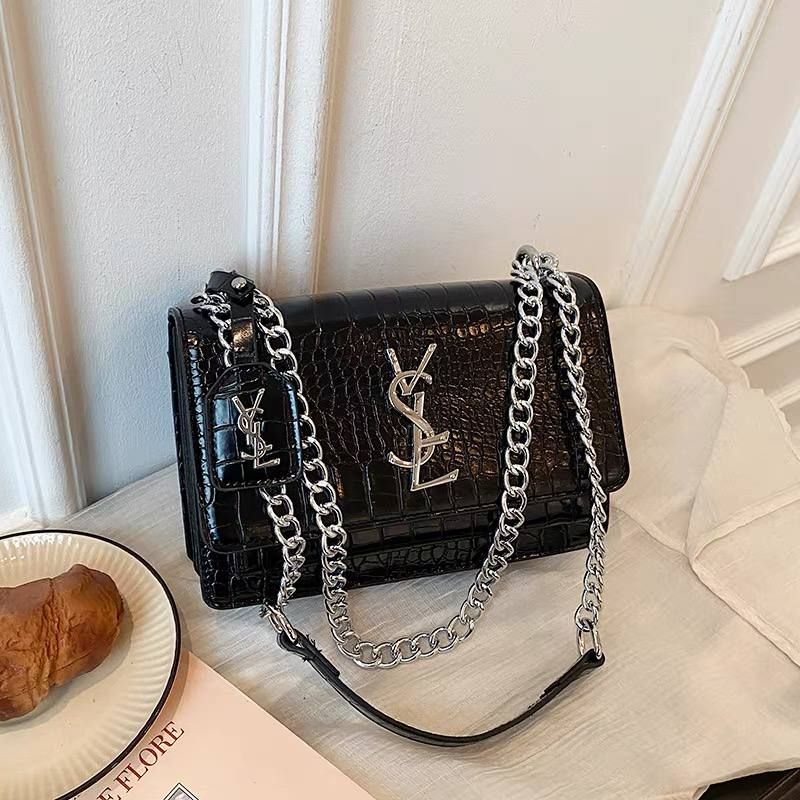 Black crocodile embossed leather Saint Laurent Medium Sunset shoulder bag