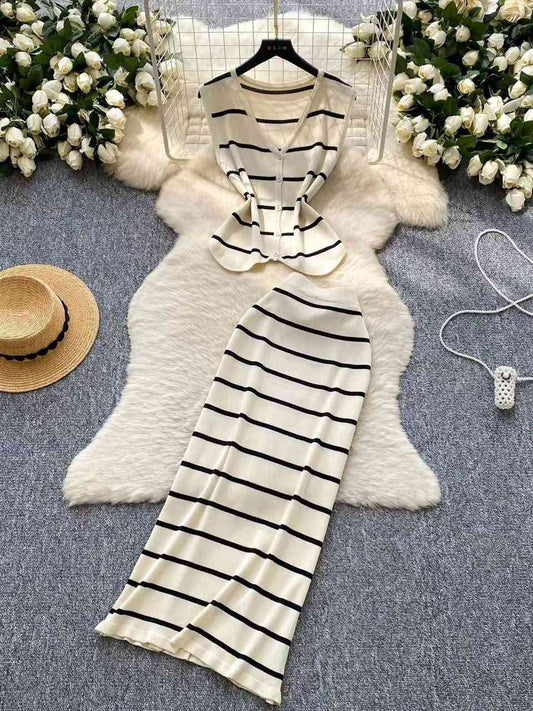 Two piece cream and black striped knit set