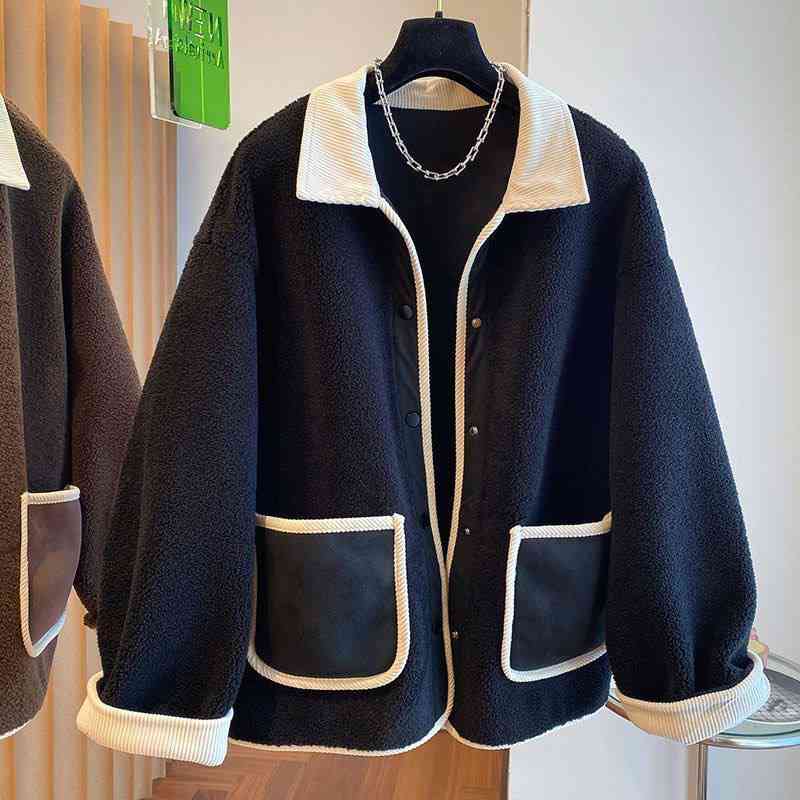 Korean style loose fit plush sherpa fleece jacket