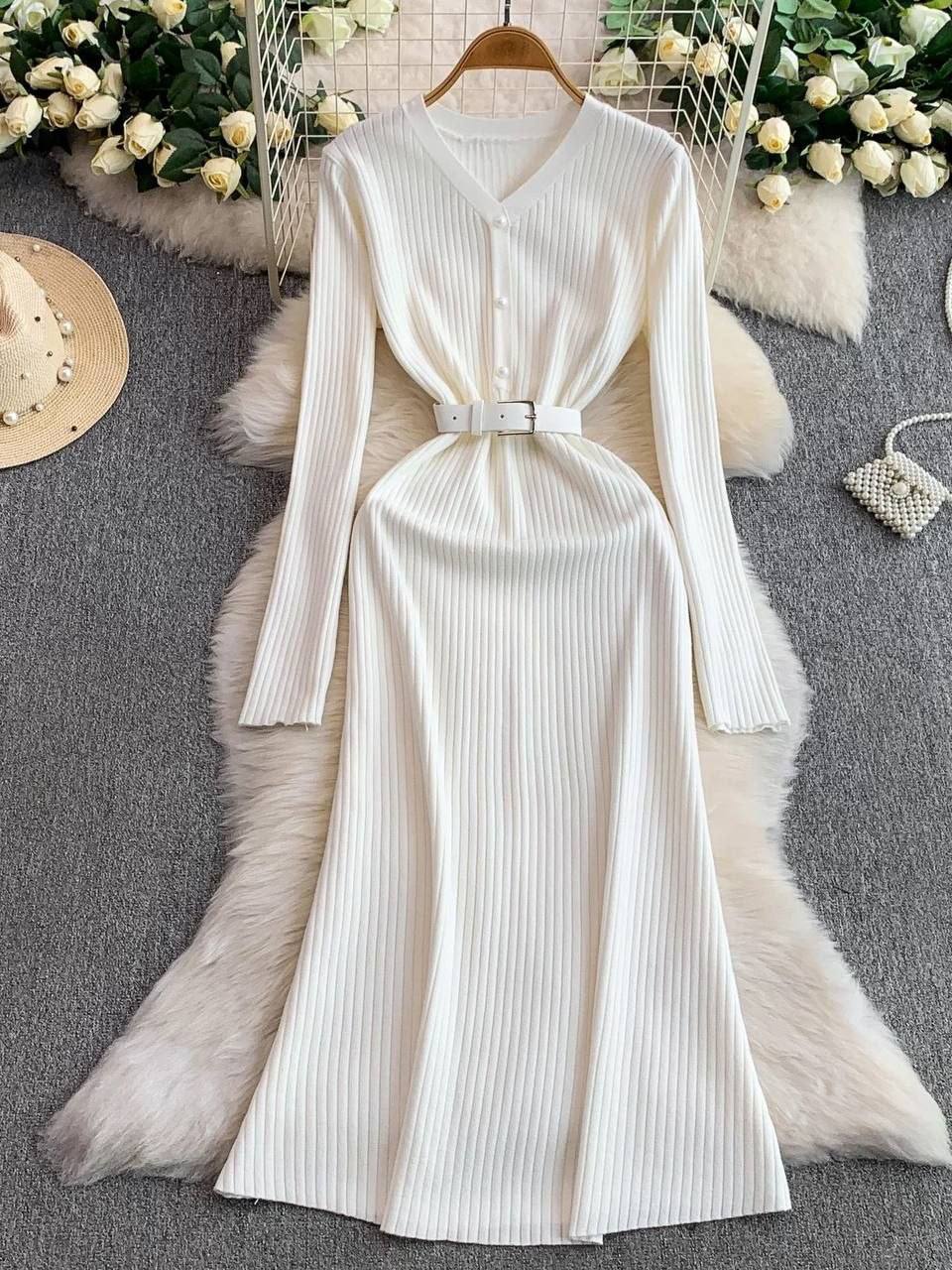 white ribbed knit midi dress.