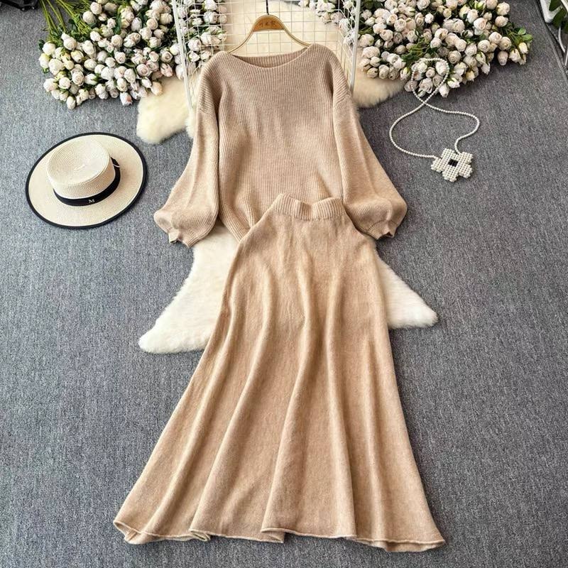 Two piece ribbed knit sweater and midi/maxi skirt set