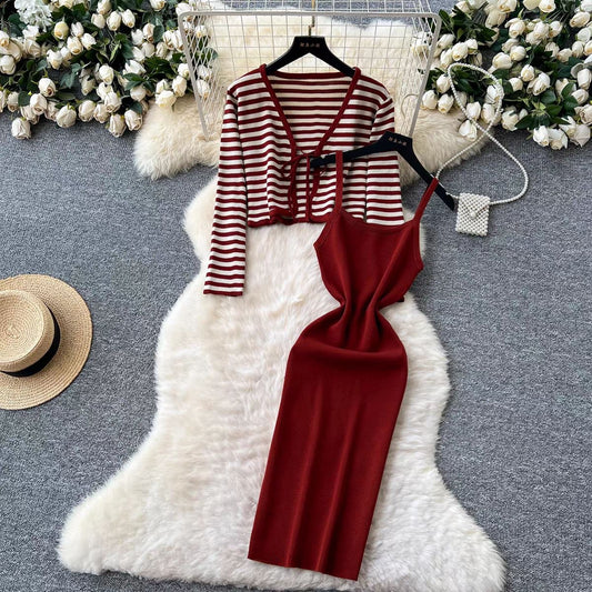 Burgundy bodycon midi dress and stripe cardigan