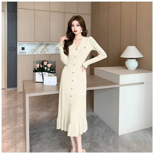 Cream-colored knit midi dress