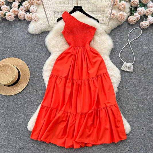 Orange-red, bohemian-style one-shoulder maxi dress
