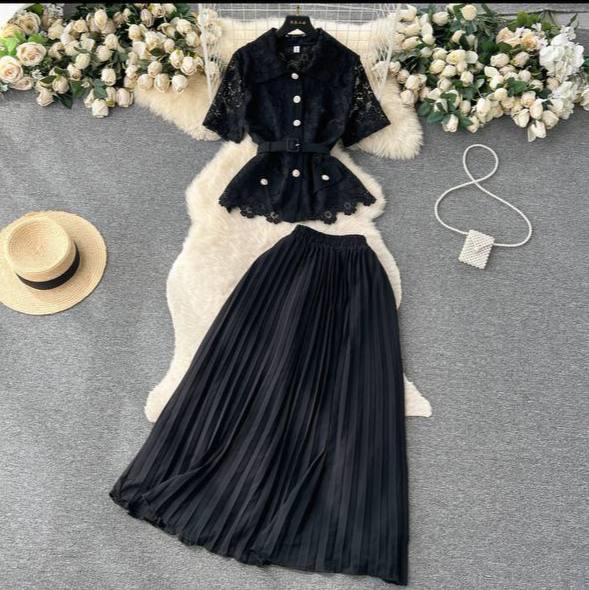 Women's Two-Piece Lace Top and Pleated Skirt Set