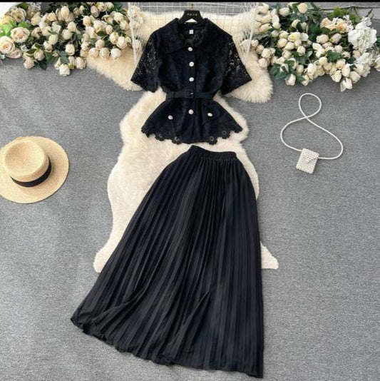 Women's Two-Piece Lace Top and Pleated Skirt Set