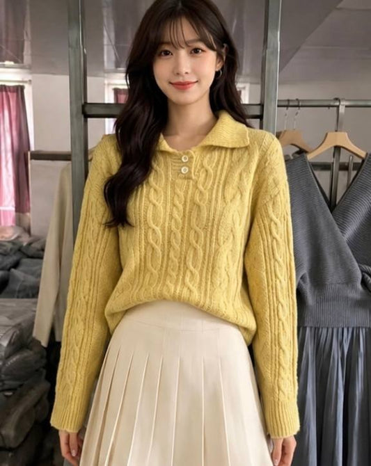 Yellow cable-knit polo pullover sweater