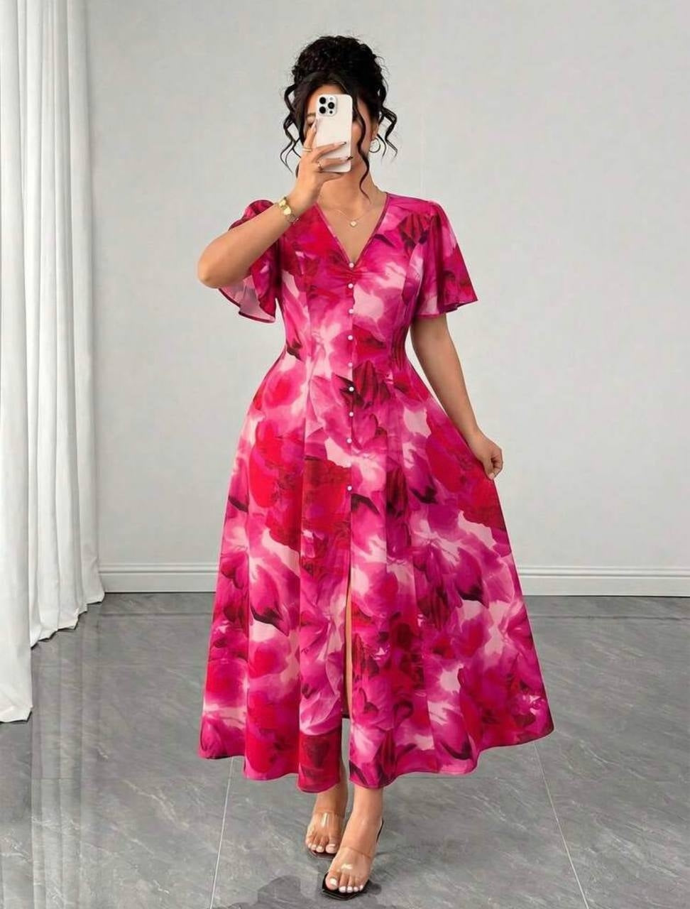 Elenzga Plus Size V-Neck Ruffle Sleeve A-Line Dress
