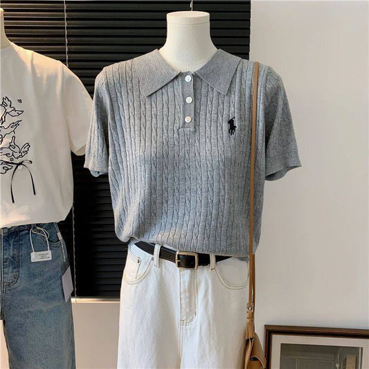 Cable-knit short-sleeve polo shirt