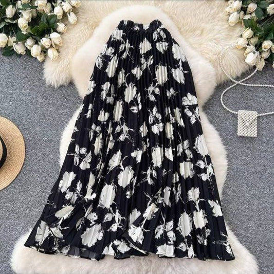 Black and white floral print pleated midi skirt