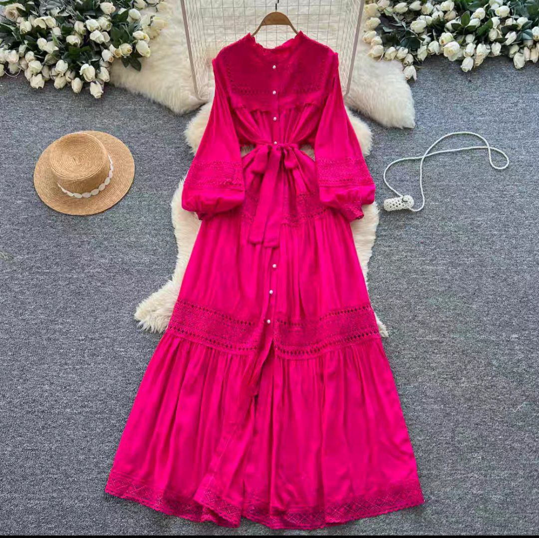 Fuchsia pink long-sleeve maxi dress