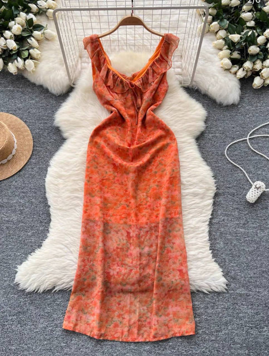 Long, orange floral dress