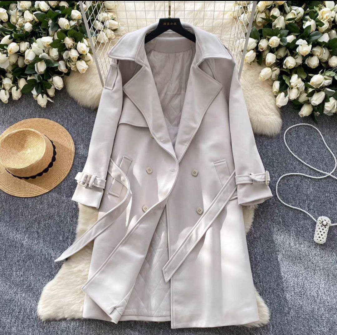 Light gray double-breasted trench coat