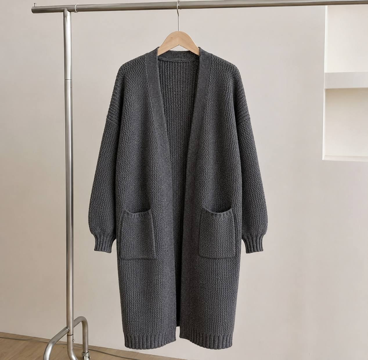 Oversized, long open-front knit duster cardigan