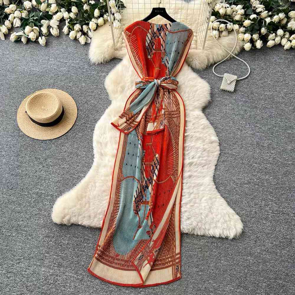 Red and blue pleated maxi dress