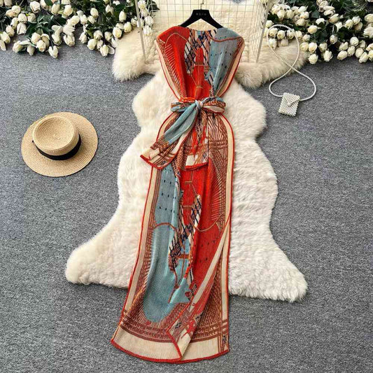 Red and blue pleated maxi dress