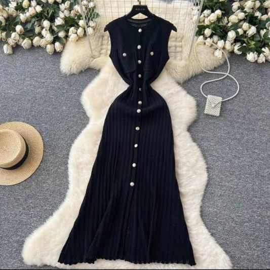 Knitted Button Down Sleeveless Ribbed Sheath Midi Dress
