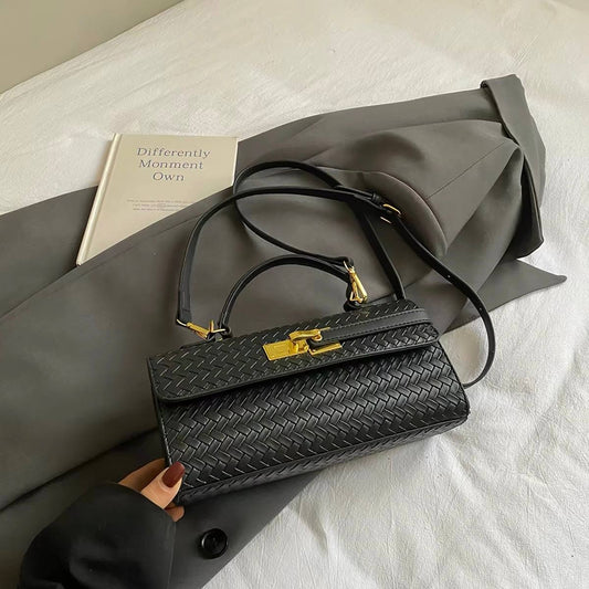 Black woven synthetic leather handbag