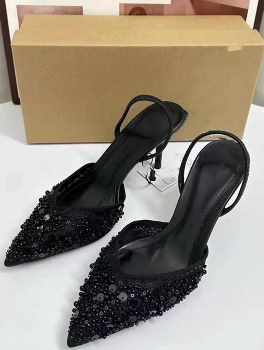 Zara Embellished Mesh Slingback Heels