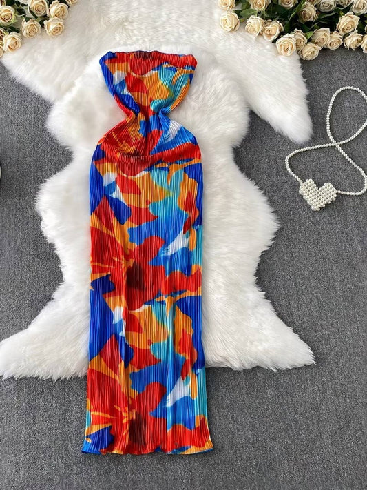 Vibrant strapless pleated maxi dress