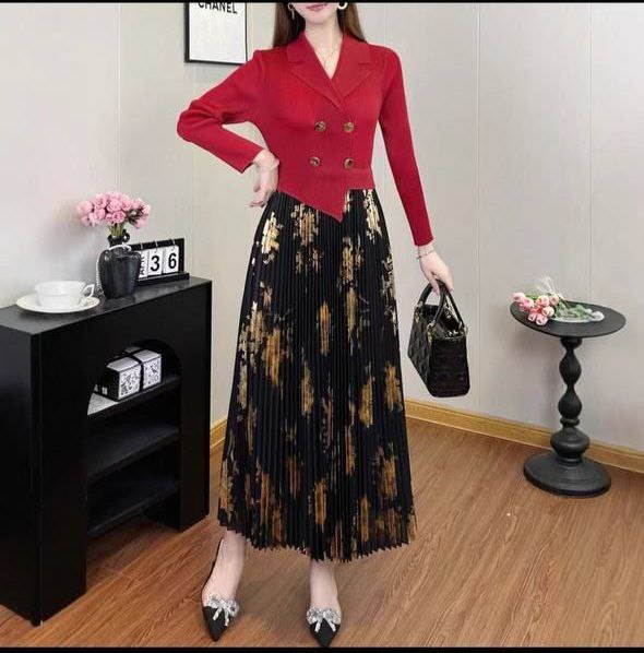 Ribbed Knit Pleated black dress with Asymmetrical Neckline