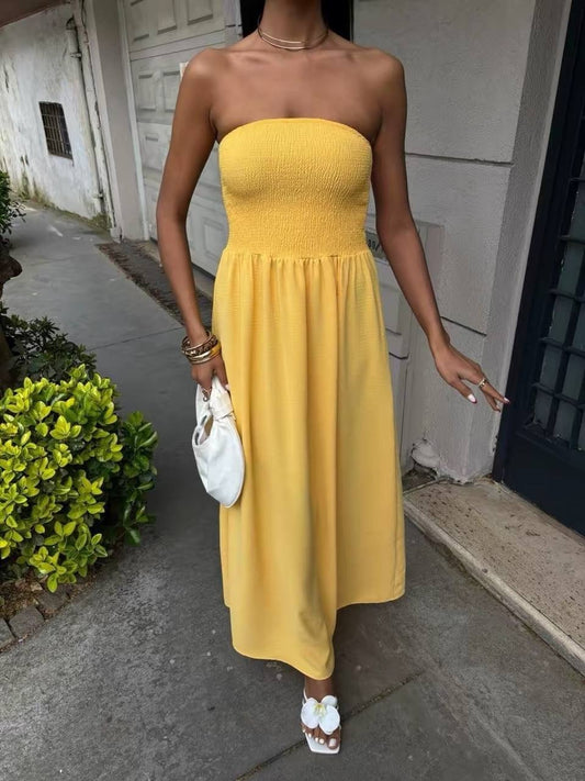 A-Line Strapless Yellow Midi Dress