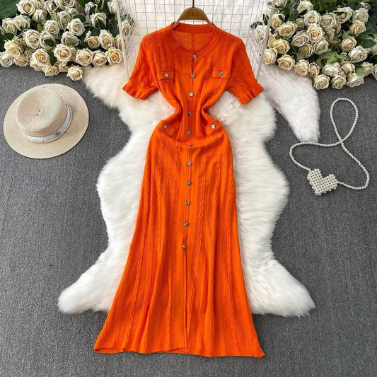 Orange button front pointelle knit maxi dress