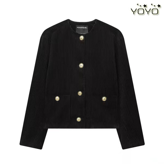 Collarless black corduroy jacket
