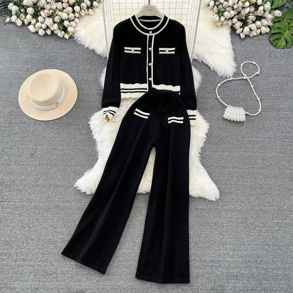 White knitted two-piece outfit featuring a button-up cardigan with