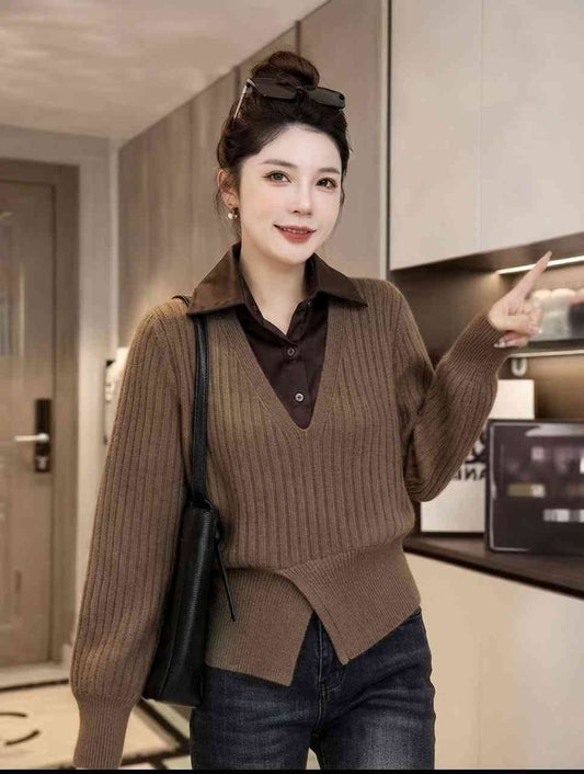 Brown V neck ribbed knit sweater