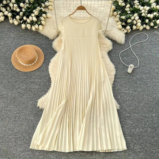 Cream short-sleeve pleated maxi dress