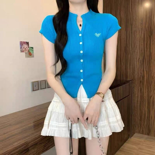 Blue ribbed short-sleeve cardigan