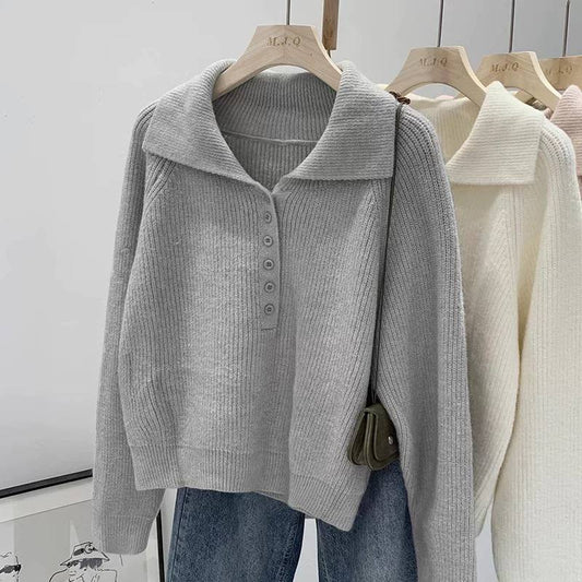 Grey ribbed knit polo sweater
