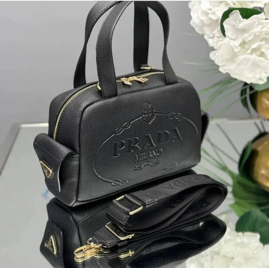 Prada black Boston bowling women 2025 large capacity hand bag