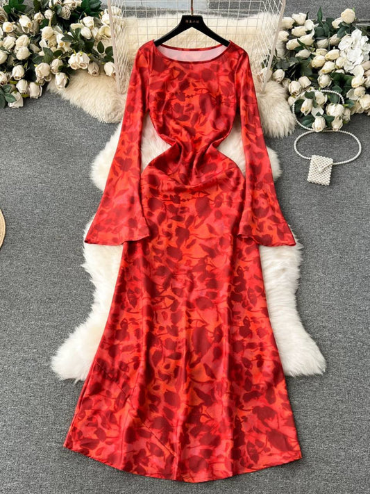 Red floral long bell sleeve maxi dress