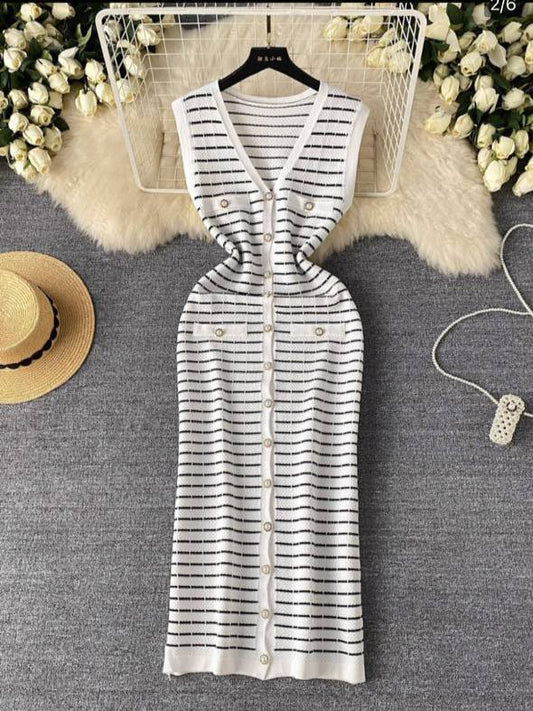 Striped Sleeveless Button-Front Knit Midi Dress
