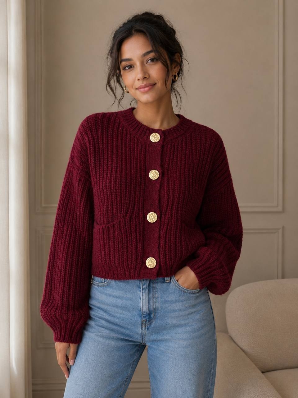 Burgendi chunky rib-knit cardigan