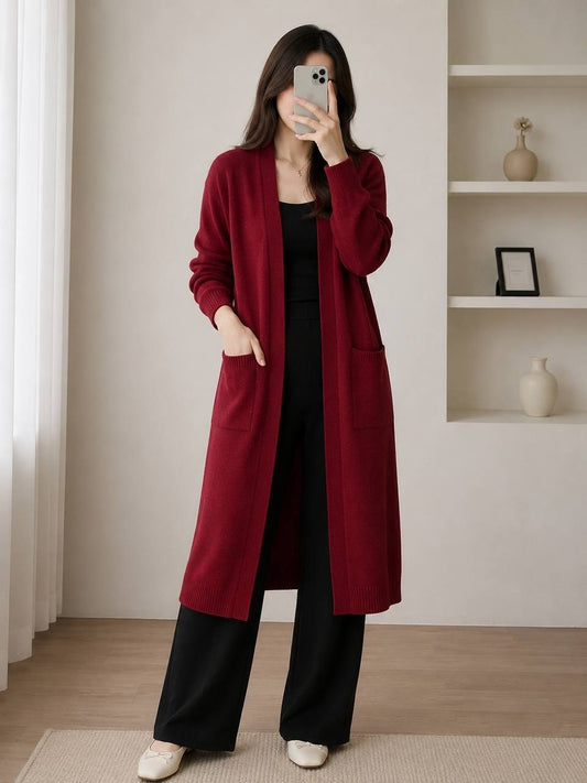 Burgundy open-front longline cardigan