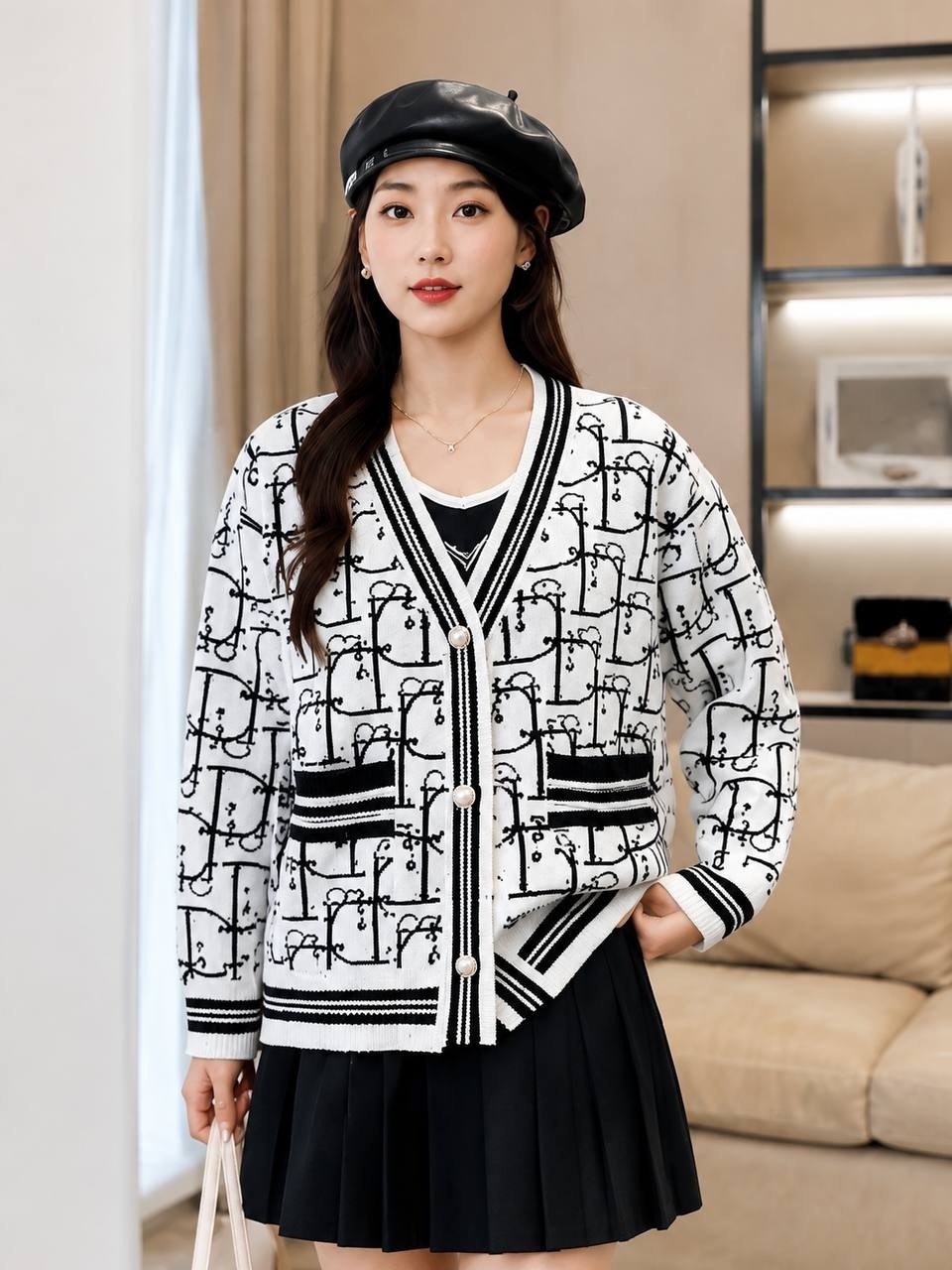 Black and white monogram knit cardigan
