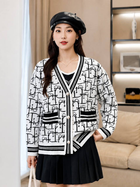 Black and white monogram knit cardigan