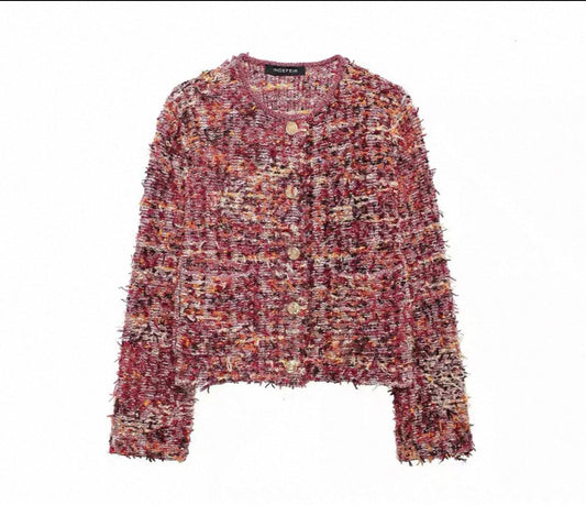Multi-color textured tweed cropped cardigan