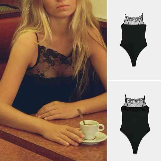 Nlack camisole top features a delicate sheer lace neckline and thin spaghetti straps