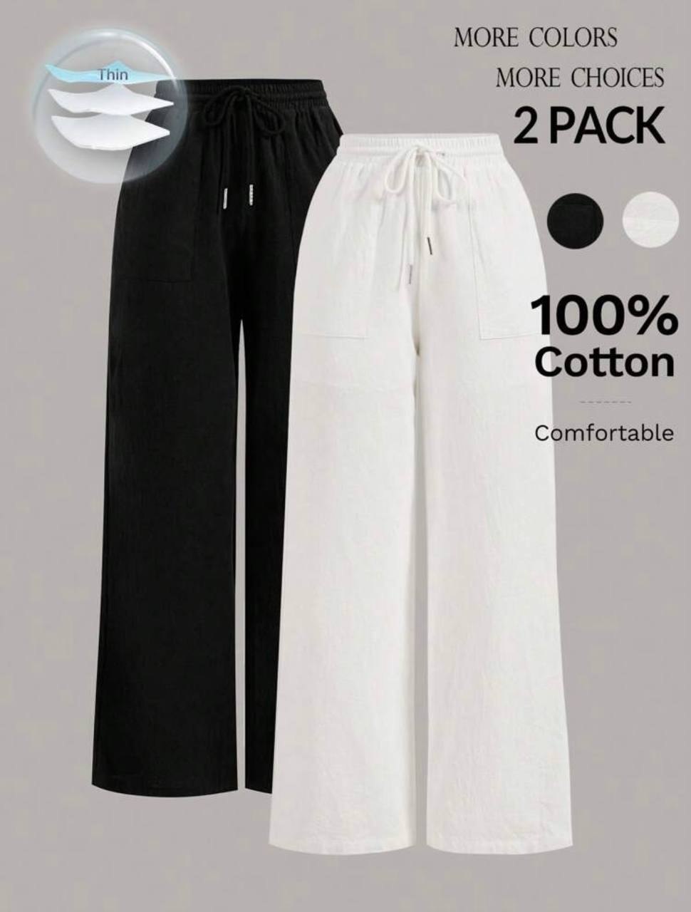 White 100% cotton wide leg casual trouser