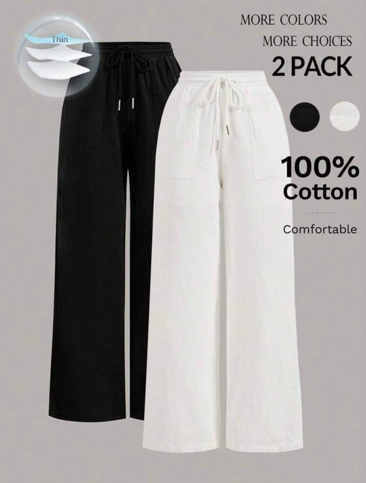 White 100% cotton wide leg casual trouser