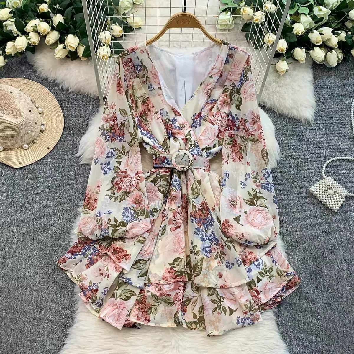 Floral print chiffon V neck mini dress