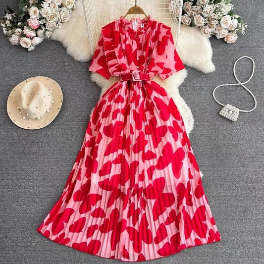 Pink and red butterfly-print pleated maxi dress